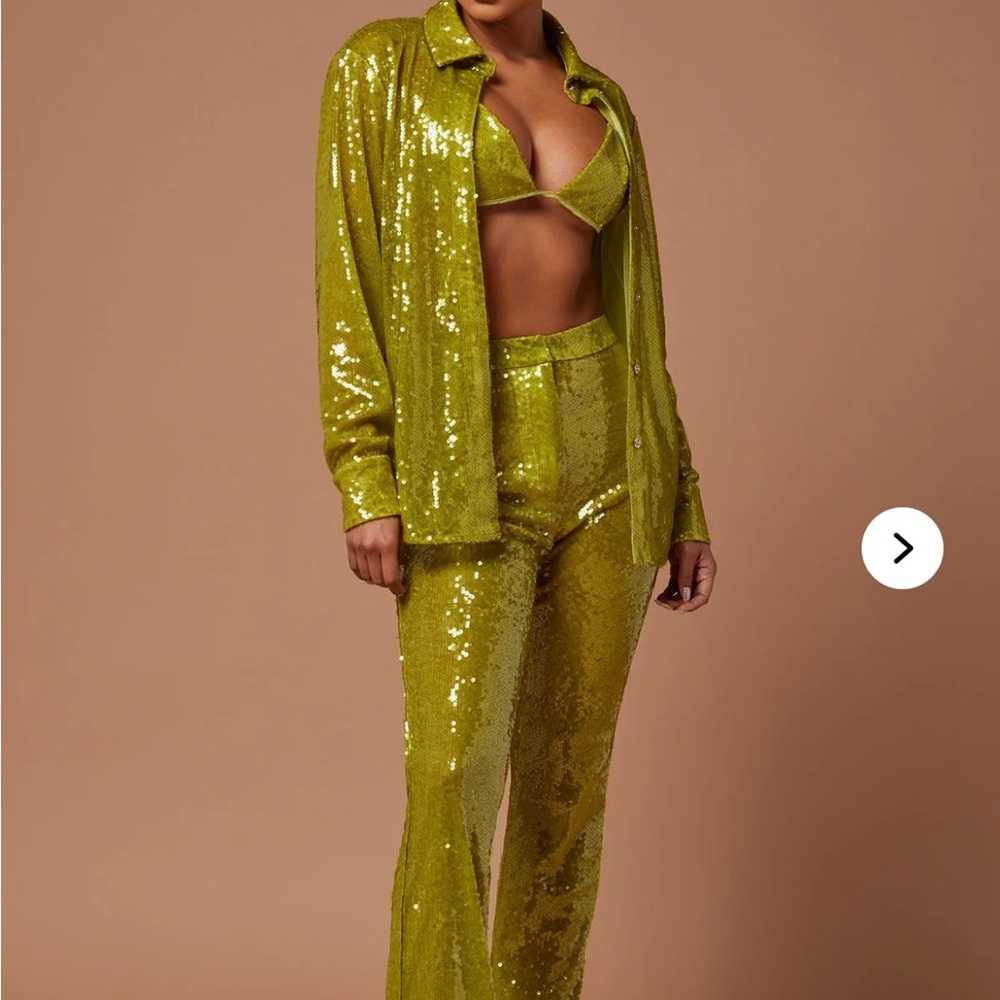 Fashion Nova 3 Piece Sequin Green Women's Pant Set